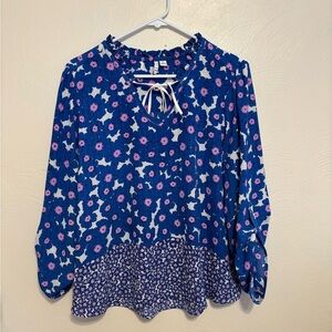 Elle Blue Floral Boho Blouse XL Tie Neck Long Sleeve